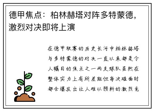 德甲焦点：柏林赫塔对阵多特蒙德，激烈对决即将上演